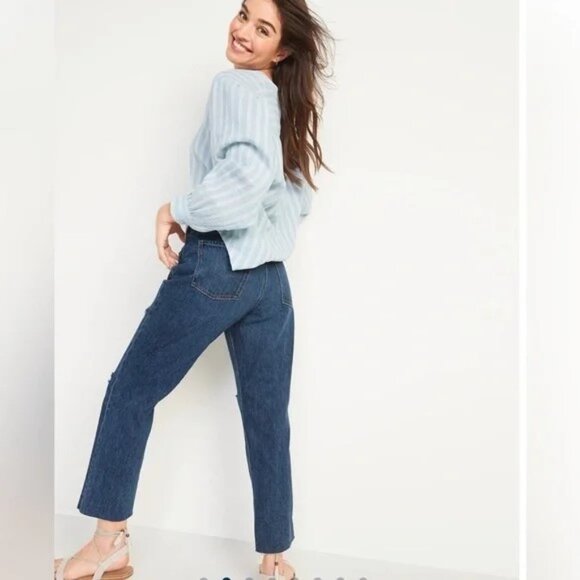 "NWT" Old Navy High-Waisted Button-Fly Slouchy Straight Dark Wash Jeans-10P - Picture 2 of 12